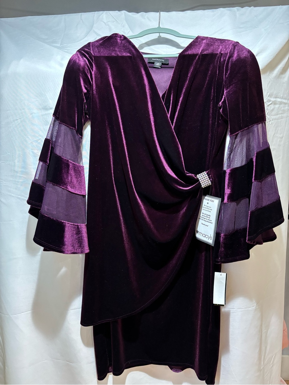 R&M Richards Plum Velvet Wrap Dress with Sheer Panel Bell Sleeves